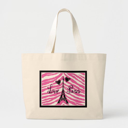 LIVE PARIS PINK ZEBRA EIFFEL TOWER HEART PRINT GROTE TOTE BAG (Voorkant)