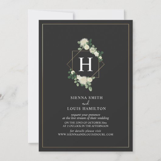 Live Stream Virtual Wedding Grey Floral Monogram Kaart (Voorkant)