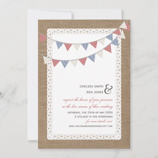 Live Stream Virtual Wedding Lace Bunting Burlap Kaart (Voorkant)