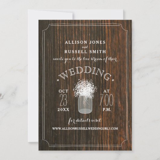 Live Stream Virtual Wedding Rustic Wood Mason Jar Kaart (Voorkant)