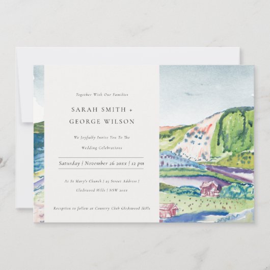 Lively Mountain Scape Blush Green Wedding Invite Bedankkaart (Voorkant)