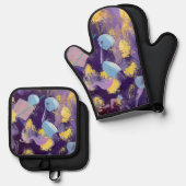 Lively, Purple and Yellow, Abstract Art Ovenwant & Pannenlap Set (Voorkant / Achterkant)