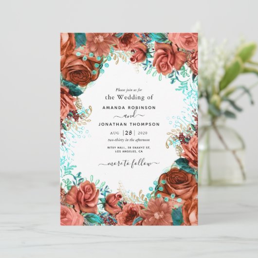 Living Coral and Blauwgroen Wedding Invitation Kaart (Staand voorkant)