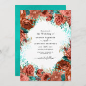 Living Coral and Blauwgroen Wedding Invitation Kaart (Voorkant / Achterkant)
