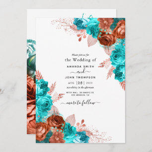 Living Coral and Blauwgroen Wedding Invitation Kaart