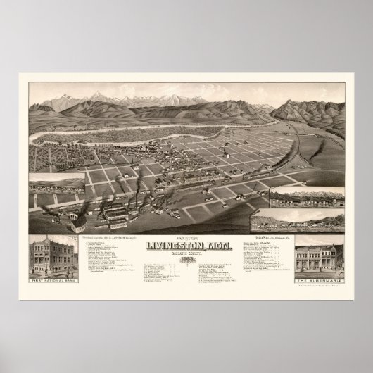 Livingston, MT Panorama Map - 1884 Poster (Voorkant)