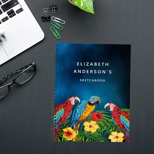 Livre de croquis perroquets oiseaux fleurs bleues