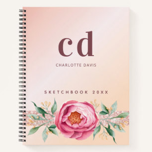 Livre de croquis rose or rose fleur monogramme