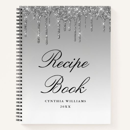 Livre de recettes à paillettes argentées écriture (Devant)