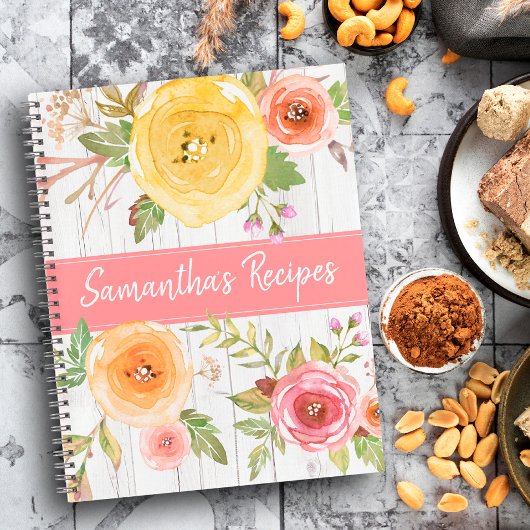 Livre de recettes, aquarelle florale sur bois rust