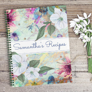Livre de recettes, vintage aquarelle fleurie aqua