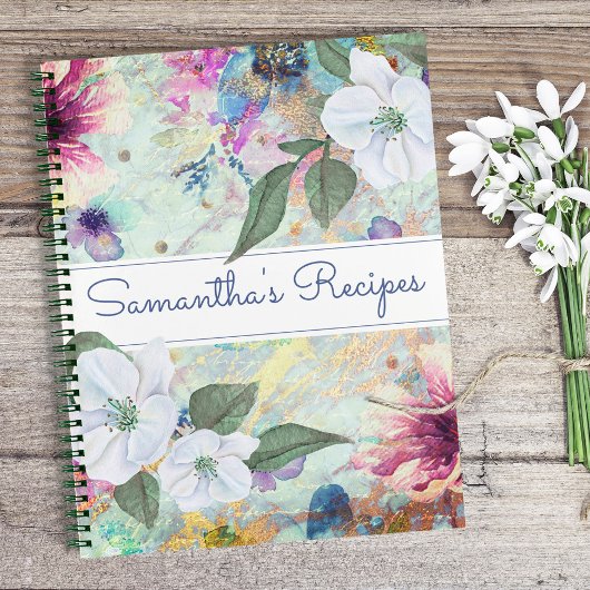 Livre de recettes, vintage aquarelle fleurie aqua