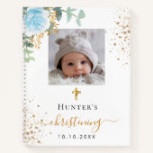 Livre d'hôte baptême photo bleu fleuri garçon (Devant)