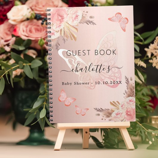 Livre d'hôtes Baby shower rose d'or papillon boho