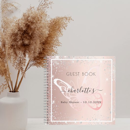 Livre d'hôtes Baby shower rose or argent papillon