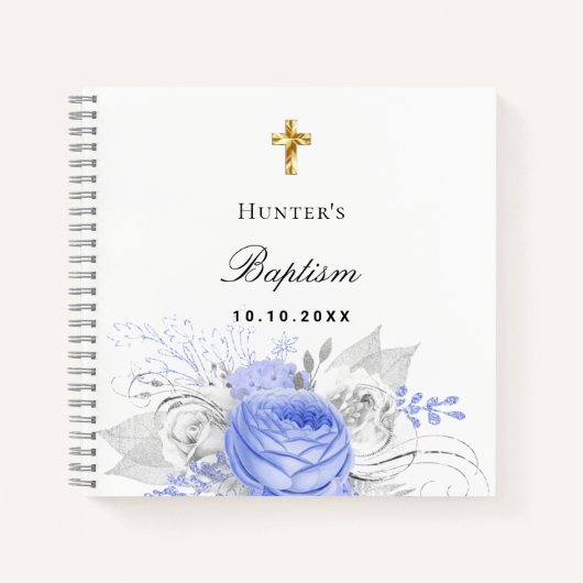 Livre d'hôtes baptême bleu garçon floraux croisent (Devant)