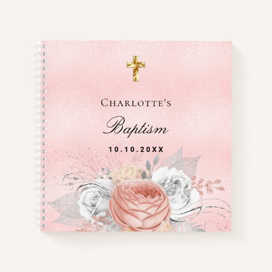Livre d'hôtes baptême rose rose or florales argent (Devant)
