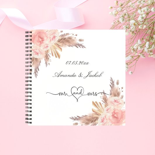 Livre d'hôtes mariage blush floral pampas herbe