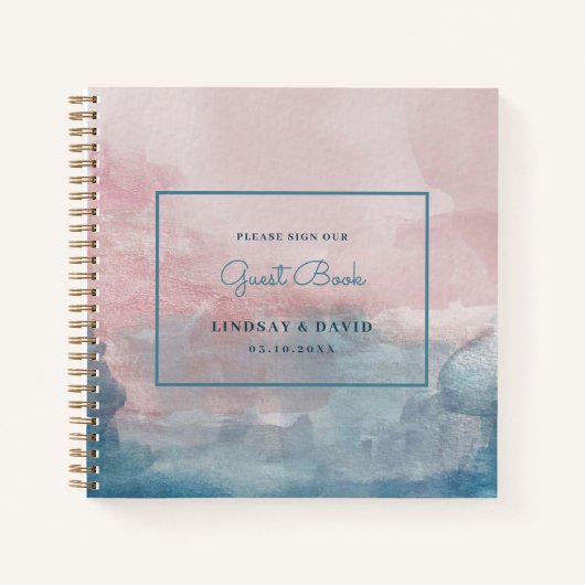 Livre d'hôtes Mariage rose et bleu Aquarelle (Devant)