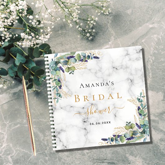 Livre d'hôtes mariée douche marbre eucalyptus or