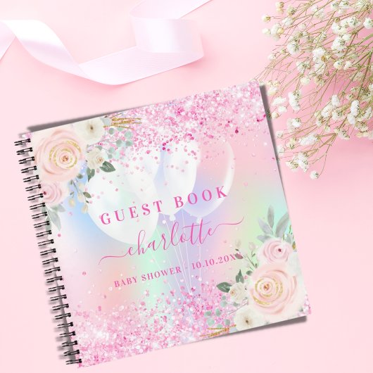 Livre d'invité baby shower flores roses holographi