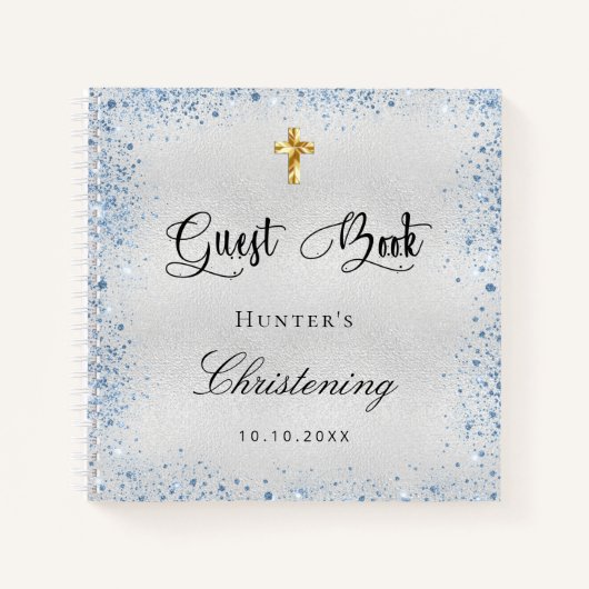 Livre d'invité baptême argent bleu nom garçon (Devant)
