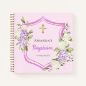 Livre d'invité baptême crest rose fleurs fille (Devant)
