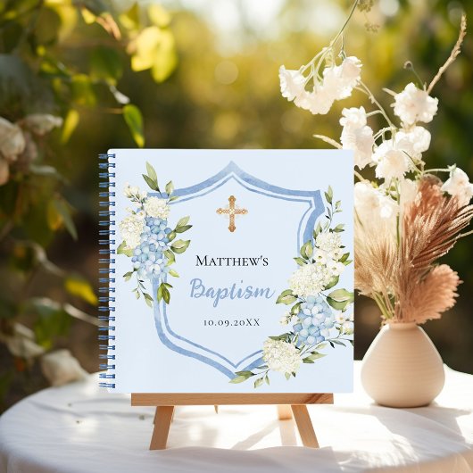 Livre d'invité baptême crête de fleurs bleues garç