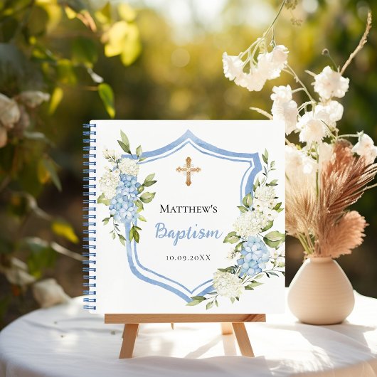 Livre d'invité baptême crête de fleurs bleues garç