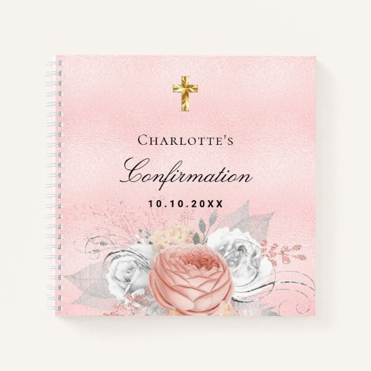 Livre d'invité confirmation flush rose or fleurs (Devant)