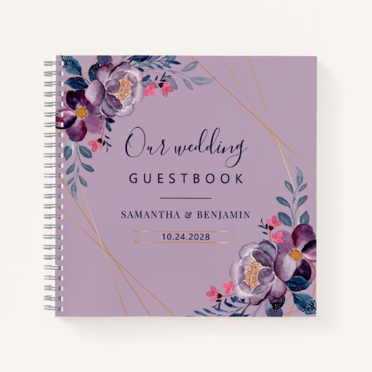Livre d'invité du Mariage géométrique floral viole (Devant)