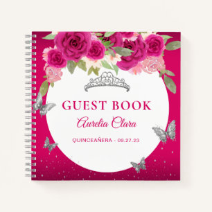 Livre d'invité Floral Pink Silver Tiara Butterfly