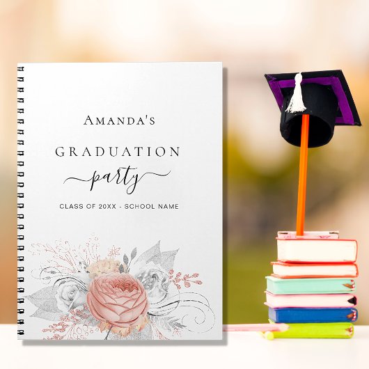 Livre d'invité graduation rose or floral argent