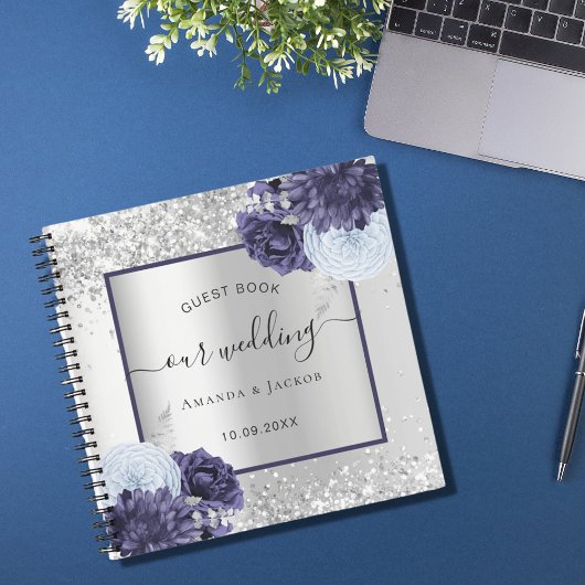 Livre d'invité mariage argent bleu marine florales