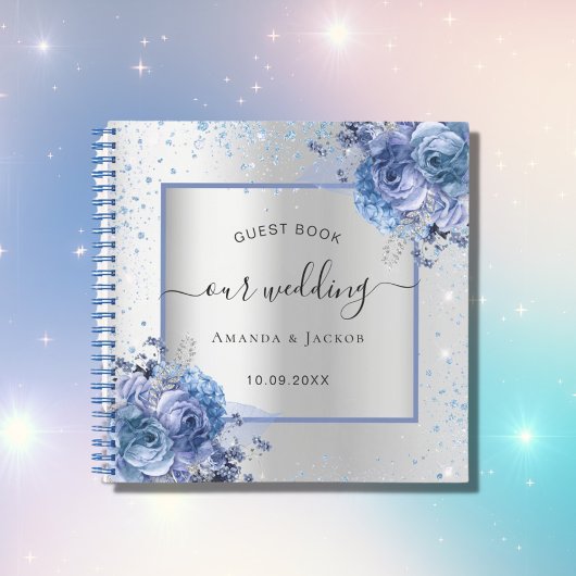 Livre d'invité mariage argent bleu marine florales