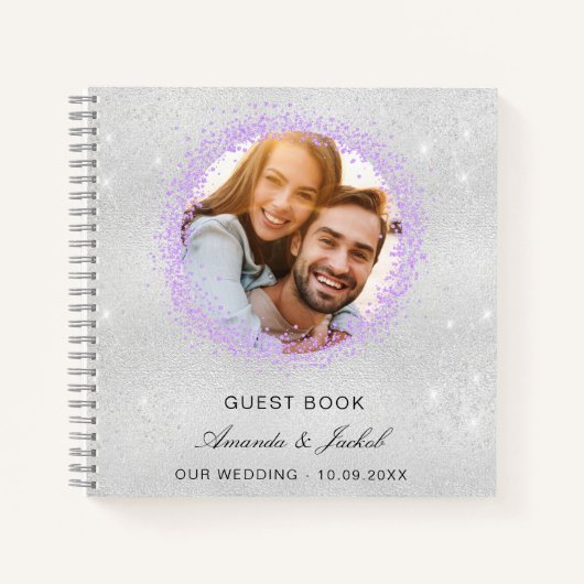 Livre d'invité mariage argent violet parties scint (Devant)