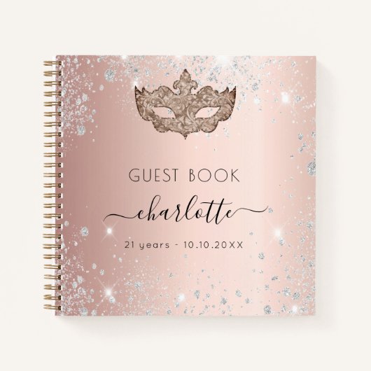 Livre d'invité masquerade rose or parties scintill (Devant)