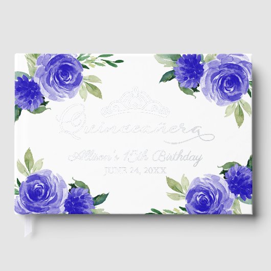 Livre d'invité Quinceanera Floral bleu foncé (Recto)