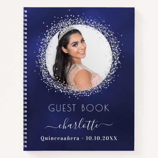 Livre d'invité Quinceanera marine bleu argent phot (Devant)