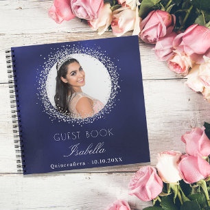 Livre d'invité Quinceanera marine bleu argent phot