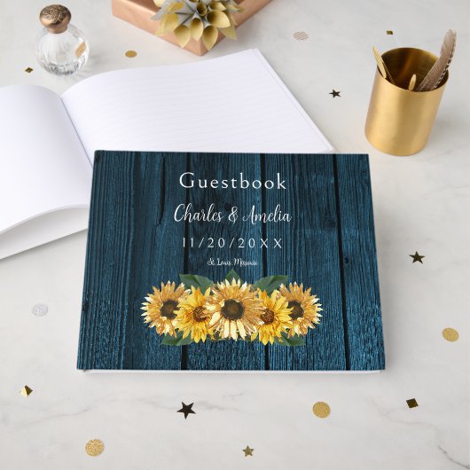 Livre d'invité Rustic Blue Sunflower Mariage (Recto ouvert)