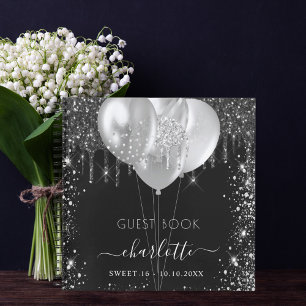 Livre d'invité Sweet 16 noir argent nom de parties
