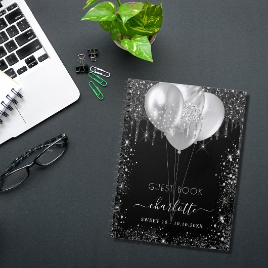 Livre d'invité Sweet 16 noir argent nom de parties