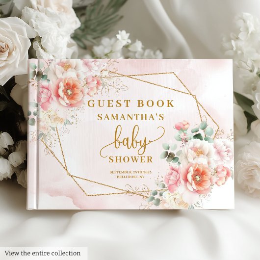 Livre d'invités baby shower rose vif et or fleuri
