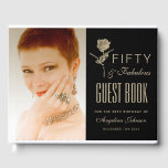 Livre D'or 50 et fabuleux Black and Gold 50th Birthday Photo<br><div class="desc">Luxe,  élégante,  unique,  fleur rose dorée en combinaison avec un arrière - plan noir élégant et brillant,  feuille d'or côté. Livre d'or flamboyant,  élégant et sophistiqué du 50e anniversaire,  avec photo personnalisée. 50 et fabuleux !</div>
