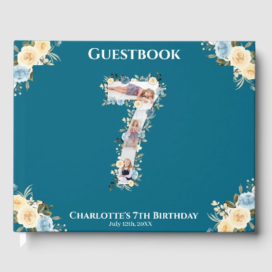 Livre D'or 7e anniversaire Photo Collage Turquoise bleu jaune (Recto)