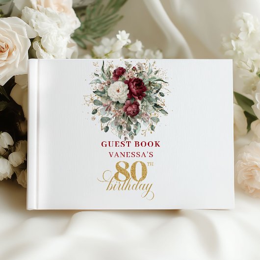 Livre d'or 80 ans à fleurs rouge profond Boho