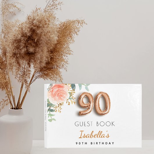 Livre D'or 90e anniversaire fleuri rose or eucalyptus nom