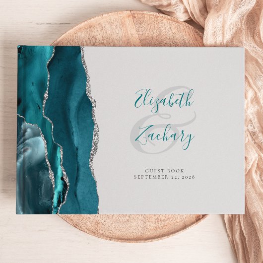 Livre D'or Agate Bleu sarcelle Moderne Gris Argent Script