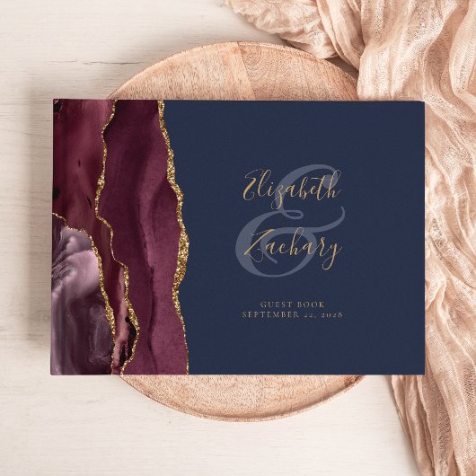 Livre D'or Agate moderne Bourgogne Or Script Bleu Nuit